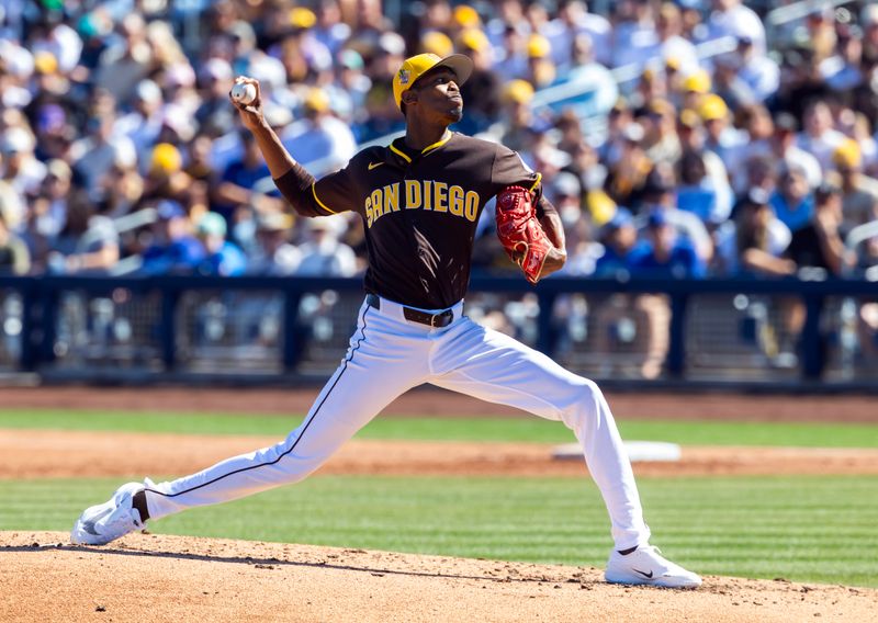 Feb 22, 2026; Peoria, Arizona, USA; San Diego Padres pitcher Triston McKenzie against the Los Angeles Dodgers during a spring training game at Peoria Sports Complex. Mandatory Credit: Mark J. Rebilas-Imagn Images