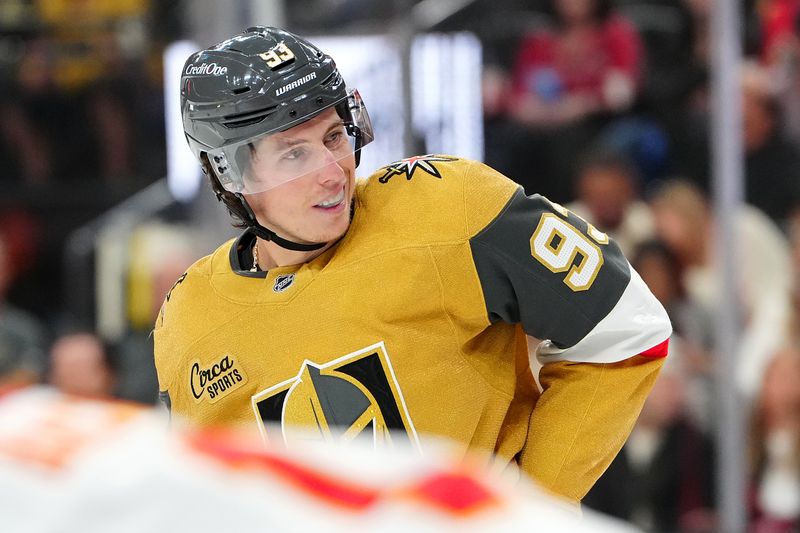 Oct 18, 2025; Las Vegas, Nevada, USA; Vegas Golden Knights right wing Mitch Marner (93) prepares for a face off against the Calgary Flames during the second period at T-Mobile Arena. Mandatory Credit: Stephen R. Sylvanie-Imagn Images
