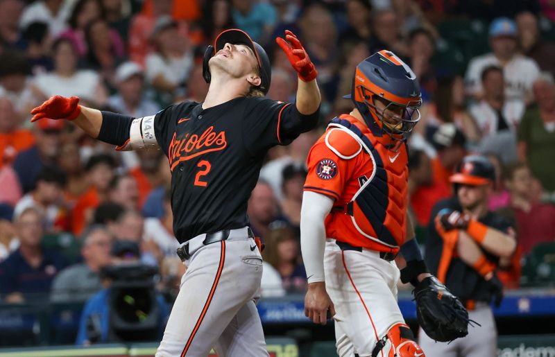 Jun 21, 2024; Houston, Texas, USA; Baltimore Orioles shortstop Gunnar Henderson (2) celebrates his two run home run against the Houston Astros in the eighth inning at Minute Maid Park. Mandatory Credit: Thomas Shea-USA TODAY Sports