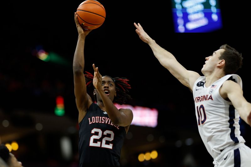 Mar 4, 2023; Charlottesville, Virginia, USA; Louisville Cardinals forward Kamari Lands (22) shoots the ball as Virginia Cavaliers guard Taine Murray (10) defends in the first half at John Paul Jones Arena. Mandatory Credit: Geoff Burke-USA TODAY Sports