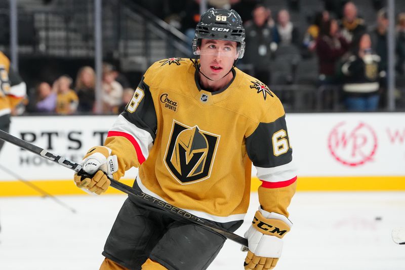 Nov 29, 2024; Las Vegas, Nevada, USA; Vegas Golden Knights center Callahan Burke (68) warms up before a game against the Winnipeg Jets at T-Mobile Arena. Mandatory Credit: Stephen R. Sylvanie-Imagn Images