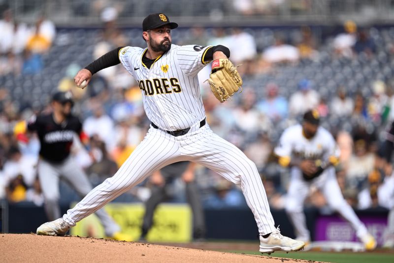 Aug 21, 2024; San Diego, California, USA; San Diego Padres starting pitcher Matt Waldron (61) pitches against the Minnesota Twins during the first inning at Petco Park. Mandatory Credit: Orlando Ramirez-USA TODAY Sports