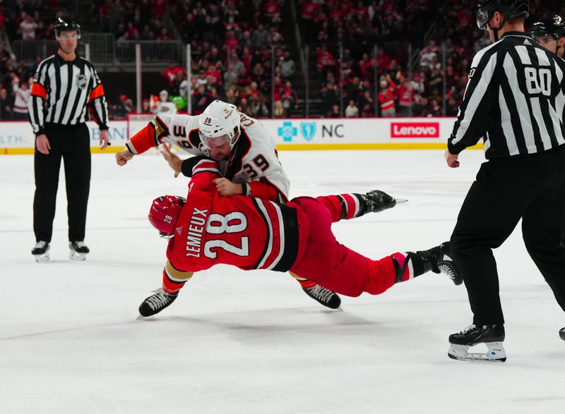 Jan 11, 2024; Raleigh, North Carolina, USA; Carolina Hurricanes left wing Brendan Lemieux (28) and Anaheim Ducks center Sam Carrick (39) fight during the second period at PNC Arena. Mandatory Credit: James Guillory-USA TODAY Sports