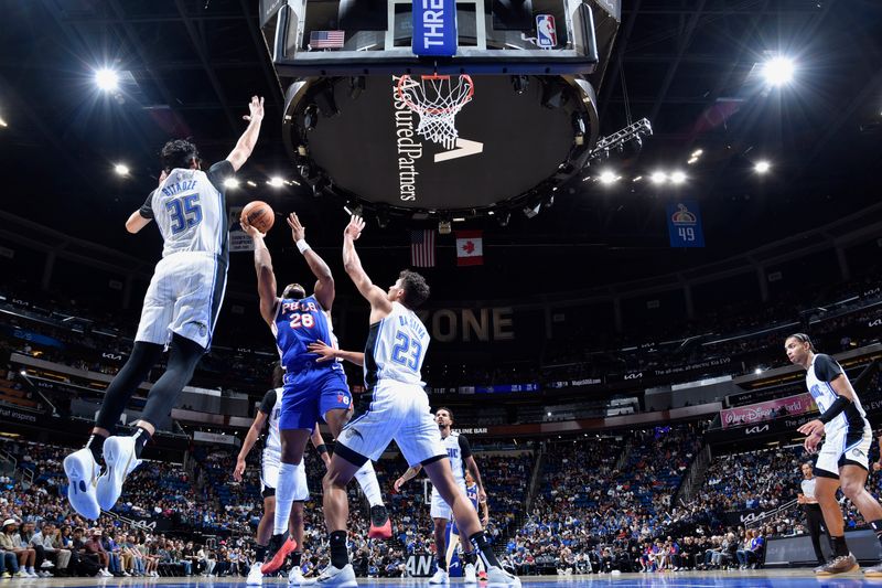 ORLANDO, FL - OCTOBER 18: Guerschon Yabusele #28 of the Philadelphia 76ers shoots the ball during the game against the Orlando Magic during a NBA preseason game on October 18, 2024 at Kia Center in Orlando, Florida. NOTE TO USER: User expressly acknowledges and agrees that, by downloading and or using this photograph, User is consenting to the terms and conditions of the Getty Images License Agreement. Mandatory Copyright Notice: Copyright 2024 NBAE (Photo by Fernando Medina/NBAE via Getty Images)