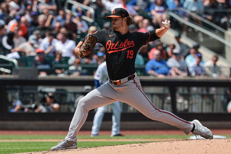 Aug 21, 2024; New York City, New York, USA; Baltimore Orioles starting pitcher Cole Irvin (19) delivers a pitch during the second inning against the New York Mets at Citi Field. Mandatory Credit: Vincent Carchietta-USA TODAY Sports