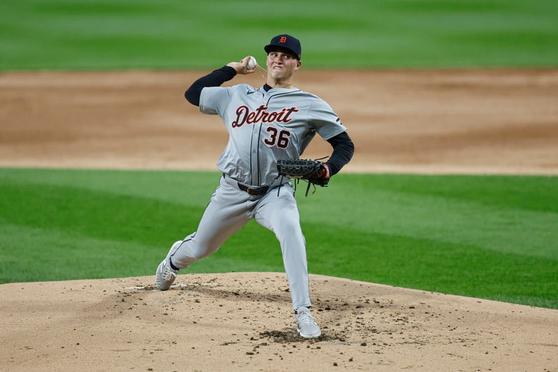 Aug 26, 2024; Chicago, Illinois, USA; Detroit Tigers starting pitcher Ty Madden (36) delivers a pitch against the Chicago White Sox during the second inning at Guaranteed Rate Field. Mandatory Credit: Kamil Krzaczynski-USA TODAY Sports