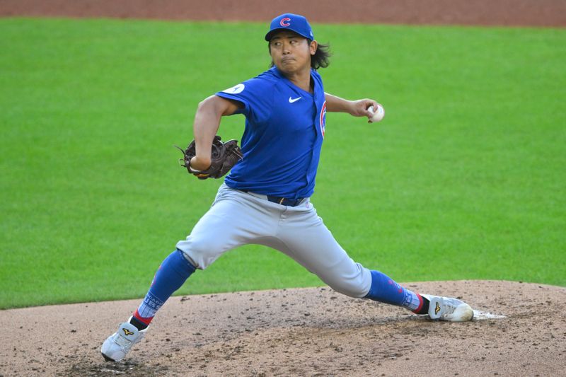 Aug 14, 2024; Cleveland, Ohio, USA; Chicago Cubs starting pitcher Shota Imanaga (18) delivers a pitch in the second inning against the Cleveland Guardians at Progressive Field. Mandatory Credit: David Richard-USA TODAY Sports