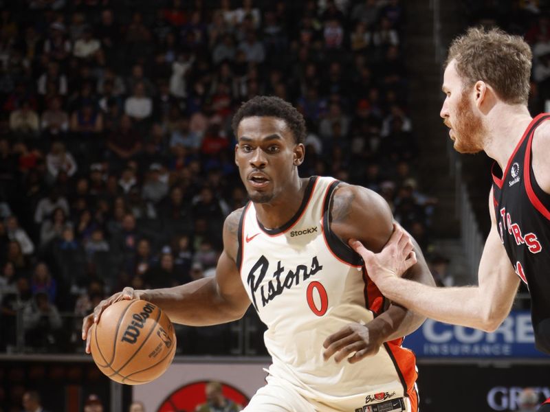 DETROIT, MI - NOVEMBER 25:  Jalen Duren #0 of the Detroit Pistons dribbles the ball during the game against the Toronto Raptors on November 25, 2024 at Little Caesars Arena in Detroit, Michigan. NOTE TO USER: User expressly acknowledges and agrees that, by downloading and/or using this photograph, User is consenting to the terms and conditions of the Getty Images License Agreement. Mandatory Copyright Notice: Copyright 2024 NBAE (Photo by Brian Sevald/NBAE via Getty Images)