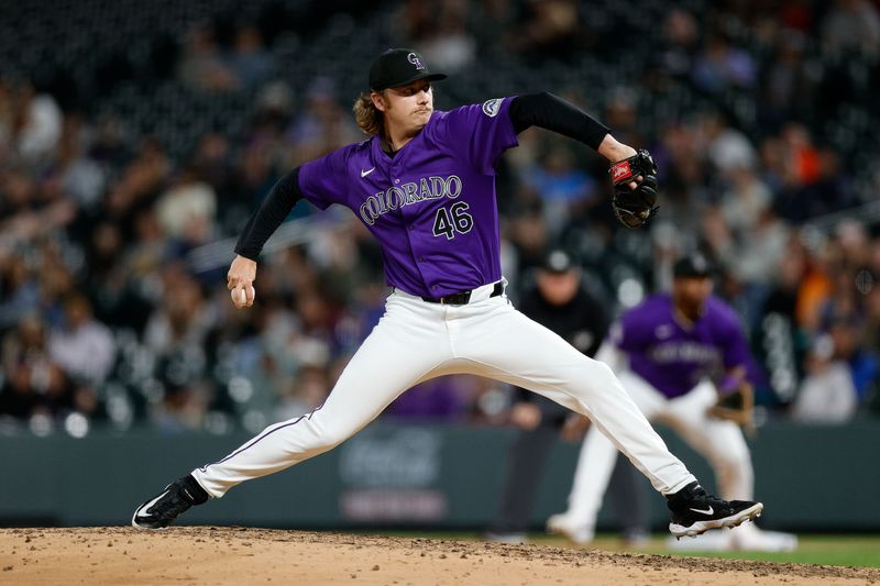 Apr 22, 2024; Denver, Colorado, USA; Colorado Rockies relief pitcher Nick Mears (46) pitches in the eighth inning against the San Diego Padres at Coors Field. Mandatory Credit: Isaiah J. Downing-USA TODAY Sports