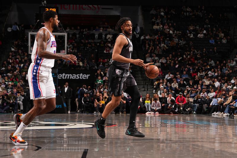 BROOKLYN, NY - FEBRUARY 12: Trendon Watford #9 of the Brooklyn Nets dribbles the ball during the game against the Philadelphia 76ers on February 12, 2025 at Barclays Center in Brooklyn, New York. NOTE TO USER: User expressly acknowledges and agrees that, by downloading and or using this Photograph, user is consenting to the terms and conditions of the Getty Images License Agreement. Mandatory Copyright Notice: Copyright 2025 NBAE (Photo by Jesse D. Garrabrant/NBAE via Getty Images)