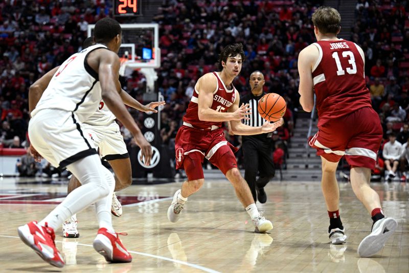 Dec 21, 2023; San Diego, California, USA; Stanford Cardinal guard Benny Gealer (15) passes the ball to guard Michael Jones (13) during the second half against the San Diego State Aztecs at Viejas Arena. Mandatory Credit: Orlando Ramirez-USA TODAY Sports