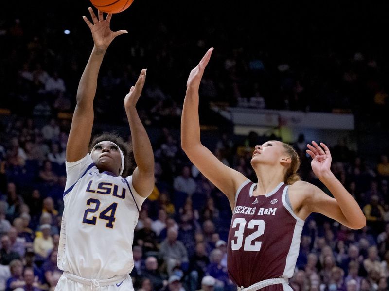 Jan 11, 2024; Baton Rouge, Louisiana, USA; LSU Lady Tigers guard Aneesah Morrow (24) shoots against Texas A&M Aggies forward Lauren Ware (32) during the second half at Pete Maravich Assembly Center. Mandatory Credit: Matthew Hinton-USA TODAY Sports