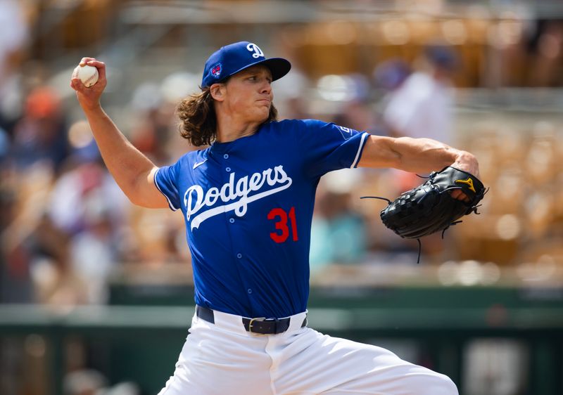 Mar 12, 2024; Phoenix, Arizona, USA; Los Angeles Dodgers pitcher Tyler Glasnow against the San Francisco Giants during a spring training baseball game at Camelback Ranch-Glendale. Mandatory Credit: Mark J. Rebilas-USA TODAY Sports