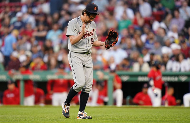 May 31, 2024; Boston, Massachusetts, USA;  Detroit Tigers starting pitcher Kenta Maeda (18) reacts after the final out of the second inning against the Boston Red Sox at Fenway Park. Mandatory Credit: David Butler II-USA TODAY Sports