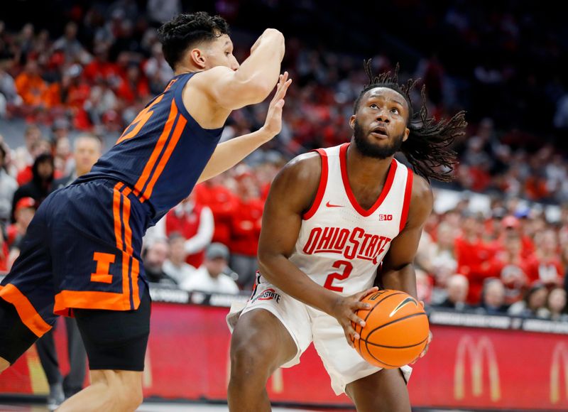 Feb 26, 2023; Columbus, Ohio, USA;  Ohio State Buckeyes guard Bruce Thornton (2) looks to score as Illinois Fighting Illini guard RJ Melendez (15) defends during the second half at Value City Arena. Mandatory Credit: Joseph Maiorana-USA TODAY Sports