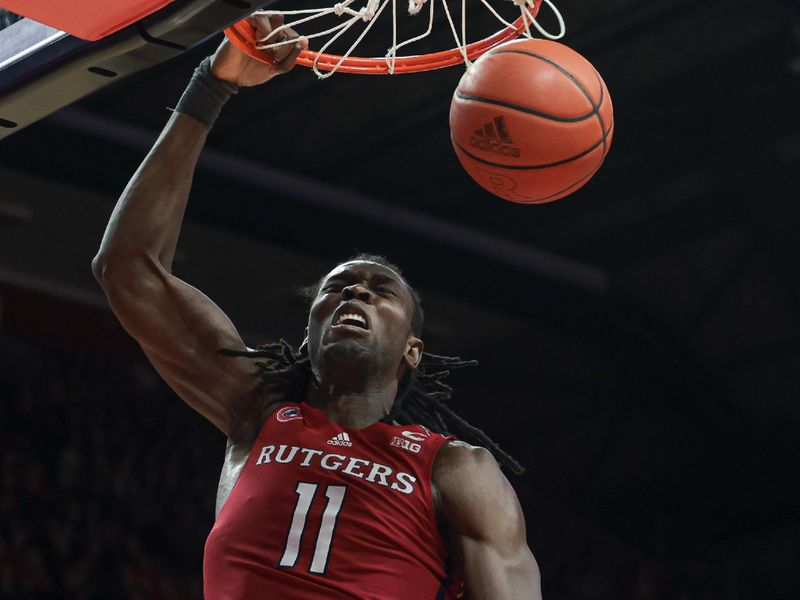 Mar 5, 2023; Piscataway, New Jersey, USA; Rutgers Scarlet Knights center Clifford Omoruyi (11) dunks the ball in front of Northwestern Wildcats forward Gus Hurlburt (54) during the second half at Jersey Mike's Arena. Mandatory Credit: Vincent Carchietta-USA TODAY Sports