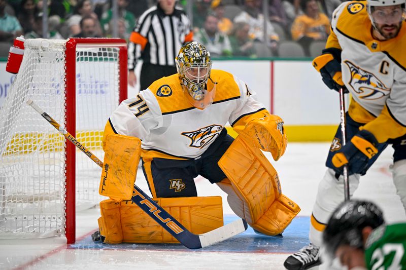 Oct 15, 2022; Dallas, Texas, USA; Nashville Predators goaltender Juuse Saros (74) faces the Dallas Stars attack during the second period at the American Airlines Center. Mandatory Credit: Jerome Miron-USA TODAY Sports