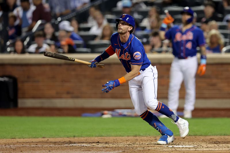 Aug 14, 2023; New York City, New York, USA; New York Mets right fielder Jeff McNeil (1) follows through on an RBI sacrifice fly during the fifth inning against the Pittsburgh Pirates at Citi Field. Mandatory Credit: Brad Penner-USA TODAY Sports