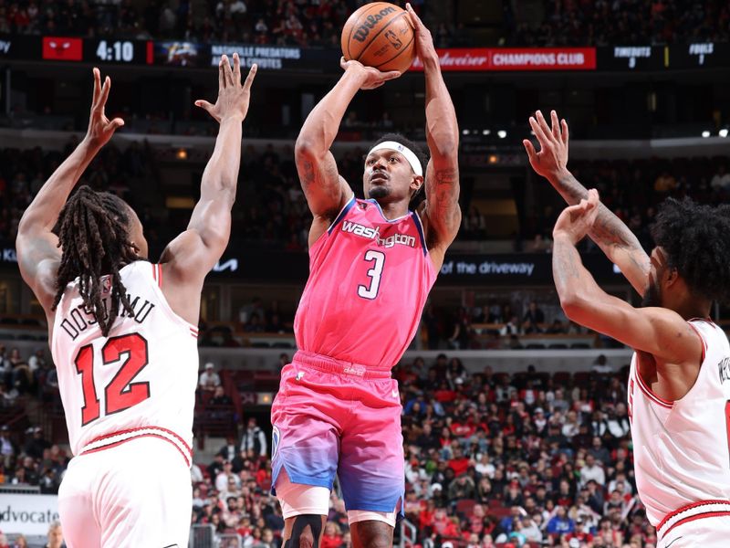 CHICAGO, IL - FEBRUARY 26: Bradley Beal #3 of the Washington Wizards shoots the ball during the game against the Chicago Bulls on February 26, 2023 at United Center in Chicago, Illinois. NOTE TO USER: User expressly acknowledges and agrees that, by downloading and or using this photograph, User is consenting to the terms and conditions of the Getty Images License Agreement. Mandatory Copyright Notice: Copyright 2023 NBAE (Photo by Jeff Haynes/NBAE via Getty Images)