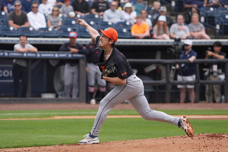 Mar 10, 2025; Tampa, Florida, USA; Detroit Tigers pitcher Kenta Maeda (18) throws a pitch agains the New York Yankees during the first inning at George M. Steinbrenner Field. Mandatory Credit: Dave Nelson-Imagn Images