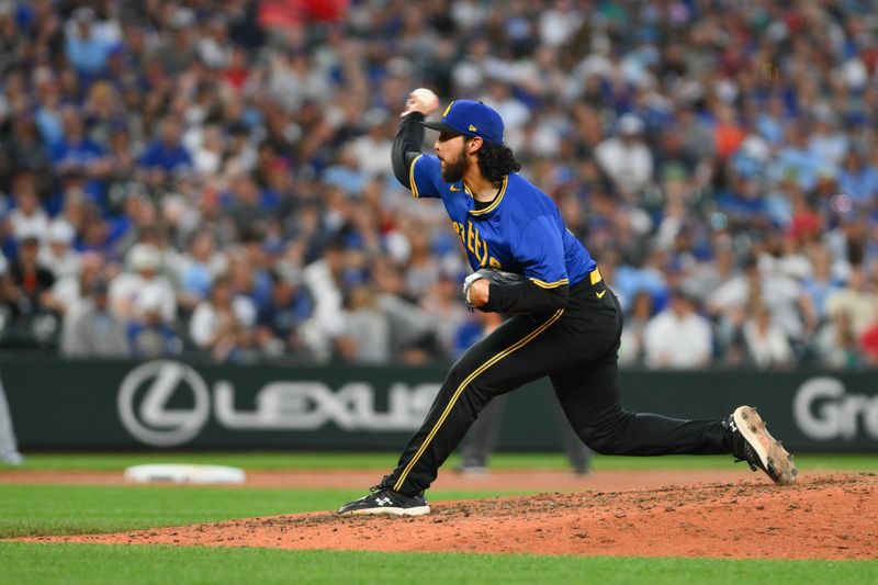 Jul 5, 2024; Seattle, Washington, USA; Seattle Mariners relief pitcher Andres Munoz (75) pitches to the Toronto Blue Jays during the ninth inning at T-Mobile Park. Mandatory Credit: Steven Bisig-USA TODAY Sports