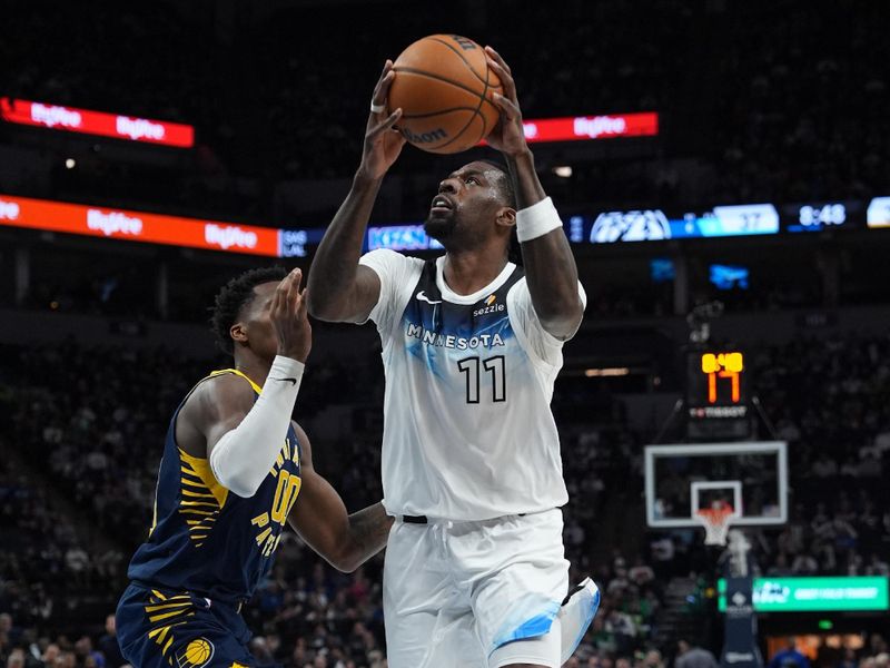 MINNEAPOLIS, MN -  MARCH 17:  Naz Reid #11 of the Minnesota Timberwolves drives to the basket during the game against the Indiana Pacers on March 17, 2025 at Target Center in Minneapolis, Minnesota. NOTE TO USER: User expressly acknowledges and agrees that, by downloading and or using this Photograph, user is consenting to the terms and conditions of the Getty Images License Agreement. Mandatory Copyright Notice: Copyright 2025 NBAE (Photo by Jordan Johnson/NBAE via Getty Images)