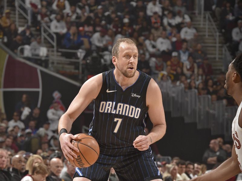 CLEVELAND, OH - APRIL 20: Joe Ingles #7 of the Orlando Magic handles the ball during Round 1 Game 1 of the 2024 NBA Playoffs against the Cleveland Cavaliers on April 20, 2024 at Rocket Mortgage FieldHouse in Cleveland, Ohio. NOTE TO USER: User expressly acknowledges and agrees that, by downloading and/or using this Photograph, user is consenting to the terms and conditions of the Getty Images License Agreement. Mandatory Copyright Notice: Copyright 2024 NBAE (Photo by David Liam Kyle/NBAE via Getty Images)