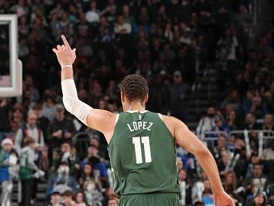 MILWAUKEE, WI - DECEMBER 21:  Brook Lopez #11 of the Milwaukee Bucks celebrates during the game against the Orlando Magic on December 21, 2023 at the Fiserv Forum Center in Milwaukee, Wisconsin. NOTE TO USER: User expressly acknowledges and agrees that, by downloading and or using this Photograph, user is consenting to the terms and conditions of the Getty Images License Agreement. Mandatory Copyright Notice: Copyright 2023 NBAE (Photo by Gary Dineen/NBAE via Getty Images).