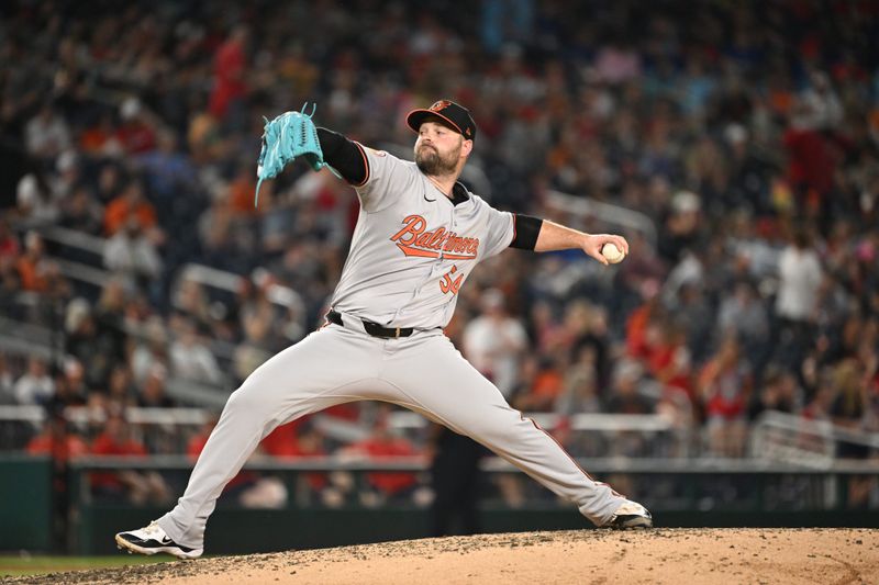 May 8, 2024; Washington, District of Columbia, USA; Baltimore Orioles pitcher Danny Coulombe (54) throws a pitch against the Washington Nationals during the sixth inning at Nationals Park. Mandatory Credit: Rafael Suanes-USA TODAY Sports