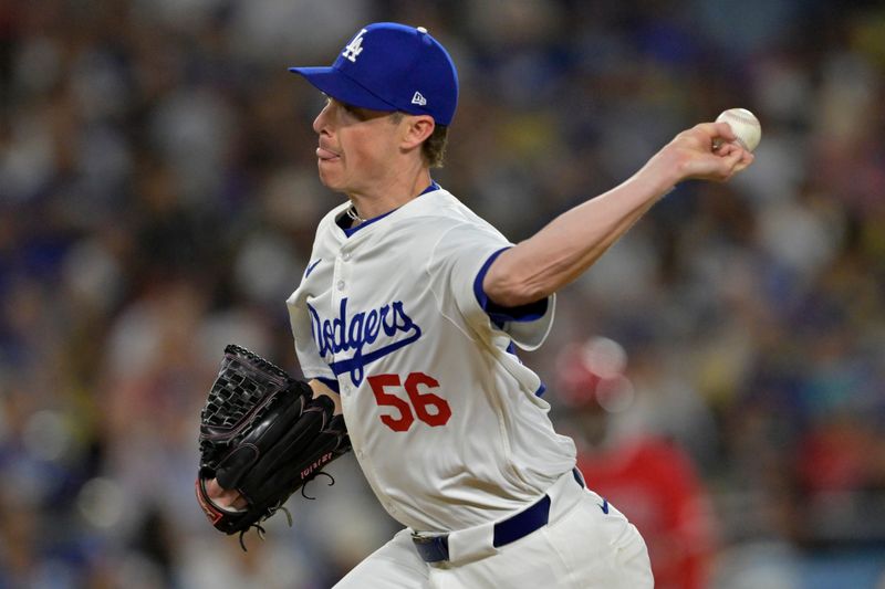 Jun 21, 2024; Los Angeles, California, USA;  Los Angeles Dodgers relief pitcher Ryan Yarbrough (56) delivers to the plate in the eighth inning against the Los Angeles Angels at Dodger Stadium. Mandatory Credit: Jayne Kamin-Oncea-USA TODAY Sports