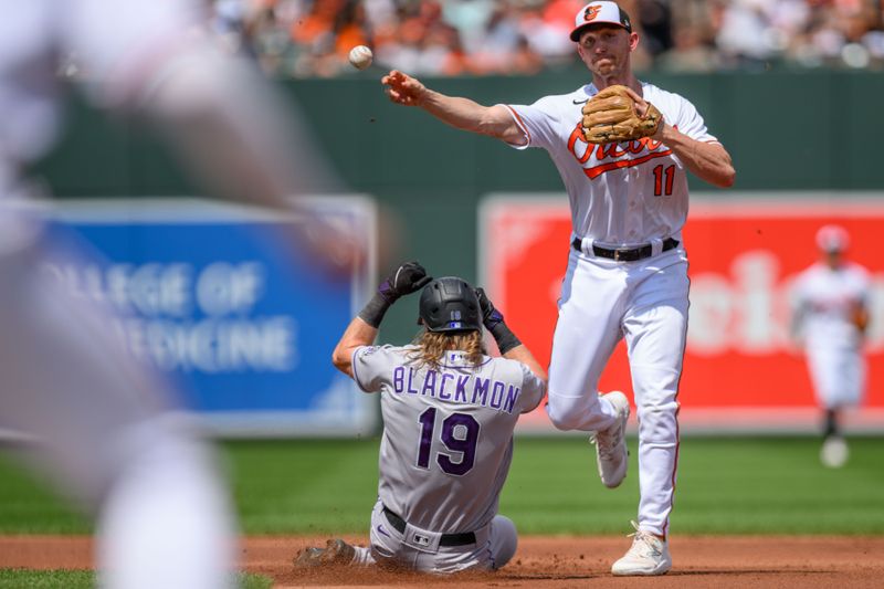 Aug 27, 2023; Baltimore, Maryland, USA; Baltimore Orioles second baseman Jordan Westburg (11) tags out Colorado Rockies designated hitter Charlie Blackmon (19) and throws to first base for the double play during the first inning at Oriole Park at Camden Yards. Mandatory Credit: Reggie Hildred-USA TODAY Sports