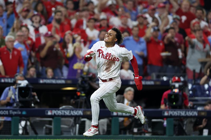 Oct 4, 2023; Philadelphia, Pennsylvania, USA; Philadelphia Phillies left fielder Cristian Pache (19) runs toward home plate against the Miami Marlins during the third inning for game two of the Wildcard series for the 2023 MLB playoffs at Citizens Bank Park. Mandatory Credit: Bill Streicher-USA TODAY Sports