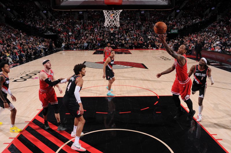 PORTLAND, OR - JANUARY 28: DeMar DeRozan #11 of the Chicago Bulls shoots the ball during the game against the Portland Trail Blazers on January 28, 2024 at the Moda Center Arena in Portland, Oregon. NOTE TO USER: User expressly acknowledges and agrees that, by downloading and or using this photograph, user is consenting to the terms and conditions of the Getty Images License Agreement. Mandatory Copyright Notice: Copyright 2024 NBAE (Photo by Cameron Browne/NBAE via Getty Images)