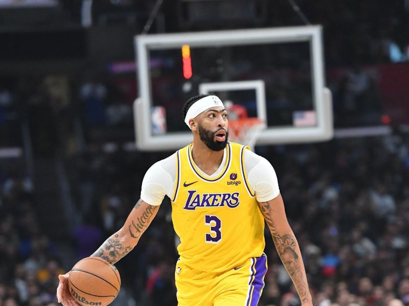 LOS ANGELES, CA - JANUARY 23:  Anthony Davis #3 of the Los Angeles Lakers handles the ball during the game  on January 23, 2024 at Crypto.Com Arena in Los Angeles, California. NOTE TO USER: User expressly acknowledges and agrees that, by downloading and/or using this Photograph, user is consenting to the terms and conditions of the Getty Images License Agreement. Mandatory Copyright Notice: Copyright 2024 NBAE (Photo by Juan Ocampo/NBAE via Getty Images)