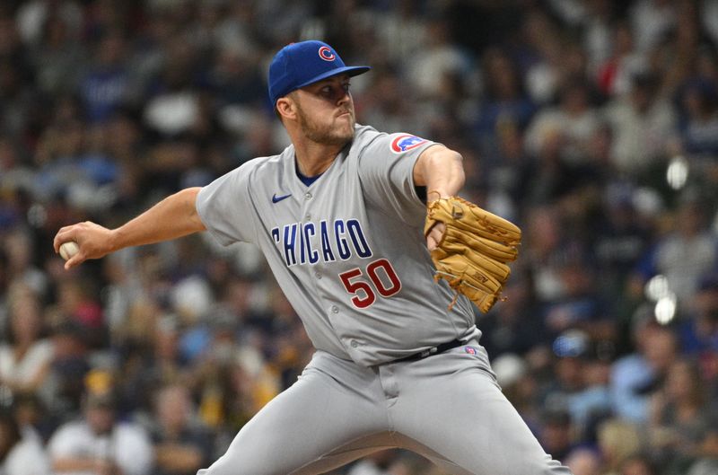 Sep 30, 2023; Milwaukee, Wisconsin, USA; Chicago Cubs starting pitcher Jameson Taillon (50) delivers a pitch against the Milwaukee Brewers in the sixth inning at American Family Field. Mandatory Credit: Michael McLoone-USA TODAY Sports