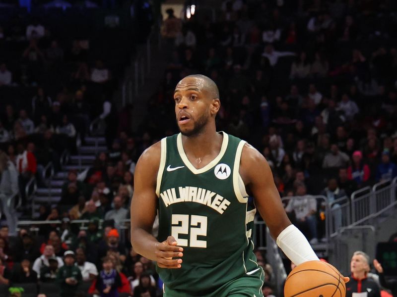 MILWAUKEE, WISCONSIN - DECEMBER 11: Khris Middleton #22 of the Milwaukee Bucks handles the ball during a game against the Chicago Bulls at Fiserv Forum on December 11, 2023 in Milwaukee, Wisconsin. NOTE TO USER: User expressly acknowledges and agrees that, by downloading and or using this photograph, User is consenting to the terms and conditions of the Getty Images License Agreement. (Photo by Stacy Revere/Getty Images)