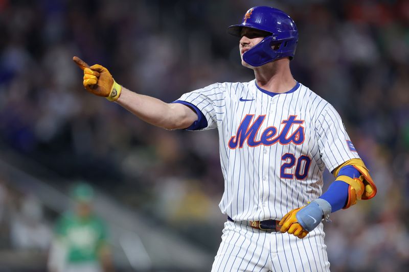 Aug 13, 2024; New York City, New York, USA; New York Mets first baseman Pete Alonso (20) reacts after his two run single against the Oakland Athletics during the fifth inning at Citi Field. Mandatory Credit: Brad Penner-USA TODAY Sports