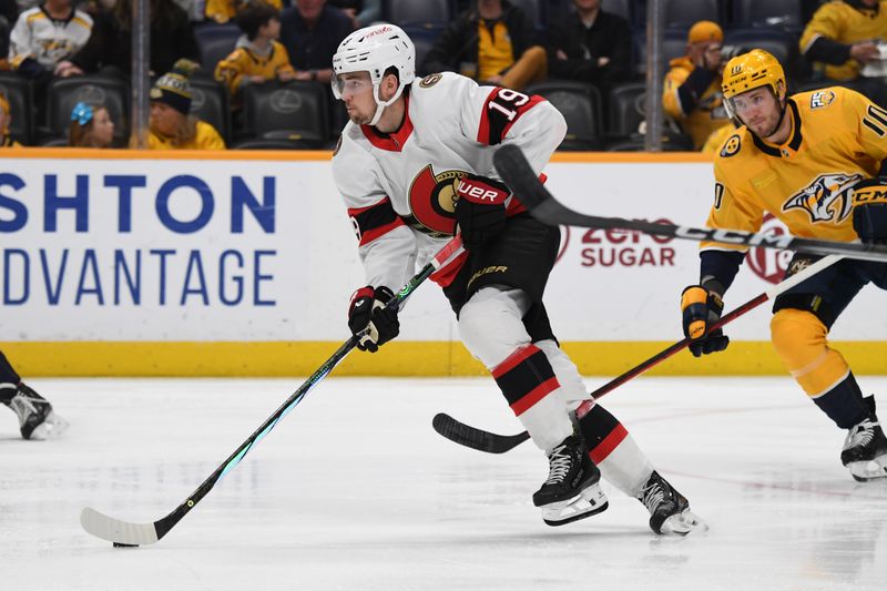 Feb 27, 2024; Nashville, Tennessee, USA; Ottawa Senators right wing Drake Batherson (19) skates with the puck during the first period against the Nashville Predators at Bridgestone Arena. Mandatory Credit: Christopher Hanewinckel-USA TODAY Sports