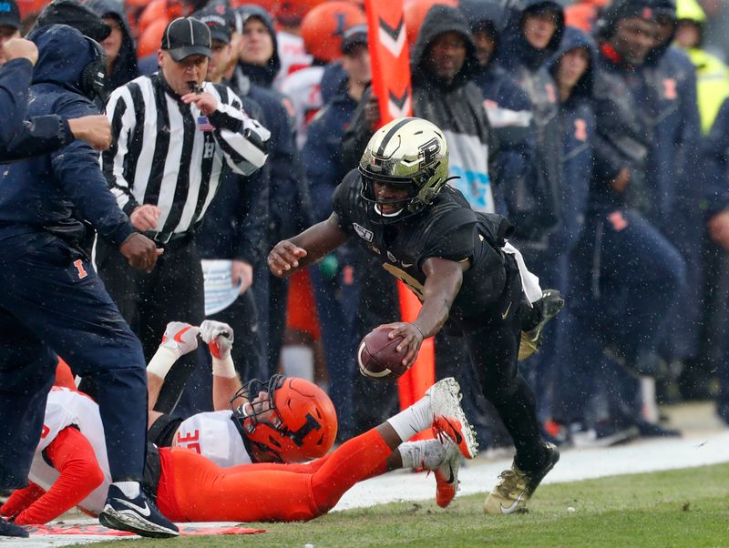 Oct 26, 2019; West Lafayette, IN, USA; Purdue Boilermakers wide receiver David Bell (3) dives for extra yardage against the Illinois Fighting Illini during the fourth quarter at Ross-Ade Stadium. Mandatory Credit: Brian Spurlock-USA TODAY Sports