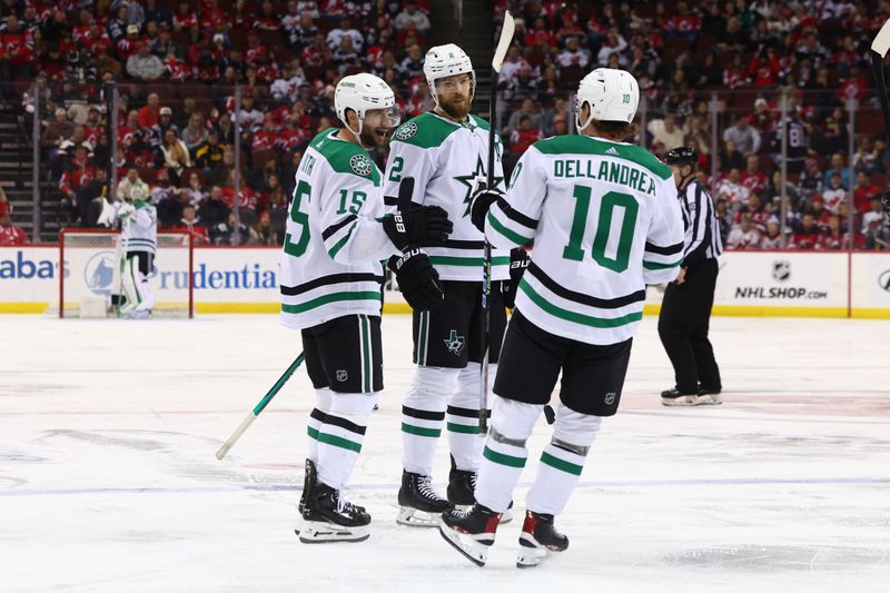 Jan 20, 2024; Newark, New Jersey, USA; Dallas Stars center Craig Smith (15) celebrates his goal against the New Jersey Devils during the third period at Prudential Center. Mandatory Credit: Ed Mulholland-USA TODAY Sports