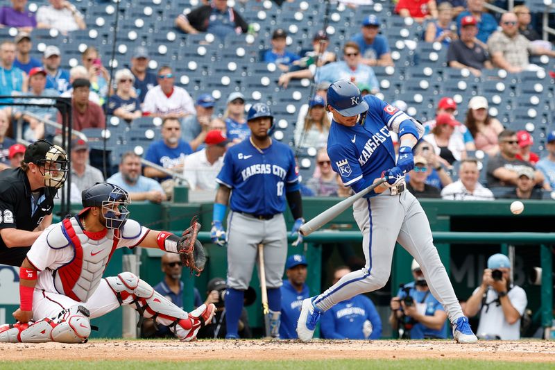 Sep 26, 2024; Washington, District of Columbia, USA; Kansas City Royals shortstop Bobby Witt Jr. (7) hits an RBI single against the Washington Nationals during the third inning at Nationals Park. Mandatory Credit: Geoff Burke-Imagn Images