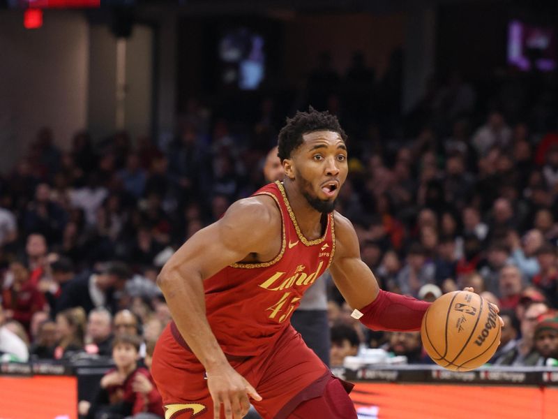 CLEVELAND, OH - JANUARY 29:  Donovan Mitchell #45 of the Cleveland Cavaliers goes to the basket during the game on January 29, 2024 at Rocket Mortgage FieldHouse in Cleveland, Ohio. NOTE TO USER: User expressly acknowledges and agrees that, by downloading and/or using this Photograph, user is consenting to the terms and conditions of the Getty Images License Agreement. Mandatory Copyright Notice: Copyright 2024 NBAE (Photo by  Lauren Leigh Bacho/NBAE via Getty Images)