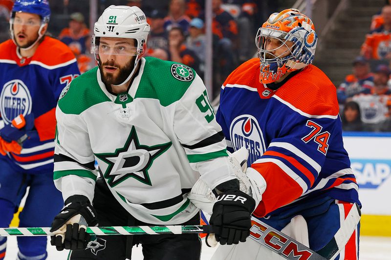 May 27, 2024; Edmonton, Alberta, CAN;   Dallas Star goaltender Joseph O'Brien Dallas Stars forward Tyler Sequin (91) tries to screen Edmonton Oilers goaltender Stuart Skinner (74) during the second period in game three of the Western Conference Final of the 2024 Stanley Cup Playoffs at Rogers Place. Mandatory Credit: Perry Nelson-USA TODAY Sports