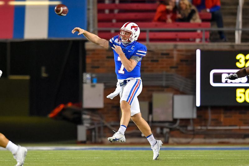 Oct 24, 2020; Dallas, Texas, USA; Southern Methodist Mustangs quarterback Shane Buechele (7) passes the ball against Cincinnati Bearcats during the first half at Gerald J. Ford Stadium. Mandatory Credit: Tim Flores-USA TODAY Sports