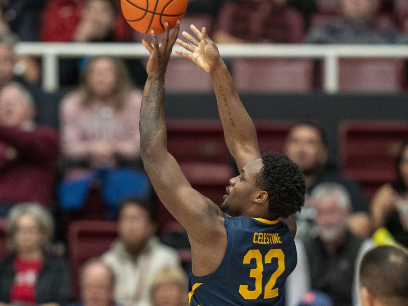 Mar 7, 2024; Stanford, California, USA; California Golden Bears guard Jalen Celestine (32) shots a three point shot during the first half against the Stanford Cardinal at Maples Pavillion. Mandatory Credit: Neville E. Guard-USA TODAY Sports