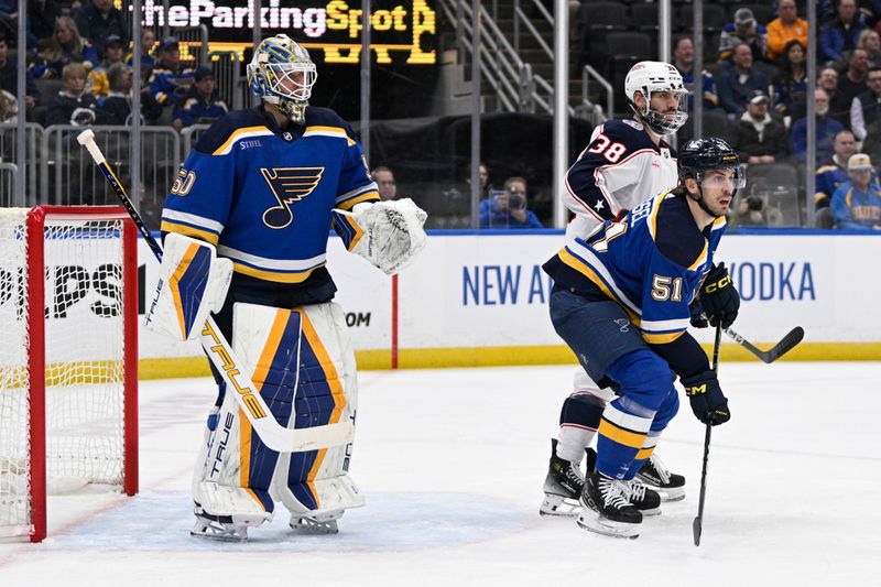 Jan 30, 2024; St. Louis, Missouri, USA; St. Louis Blues goaltender Jordan Binnington (50) and defenseman Matthew Kessel (51) defend the net from Columbus Blue Jackets center Boone Jenner (38) during the first period at Enterprise Center. Mandatory Credit: Jeff Le-USA TODAY Sports