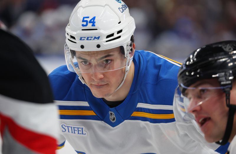 Nov 6, 2025; Buffalo, New York, USA;  St. Louis Blues right wing Dalibor Dvorsky (54) waits for the face-off during the first period against the Buffalo Sabres at KeyBank Center. Mandatory Credit: Timothy T. Ludwig-Imagn Images