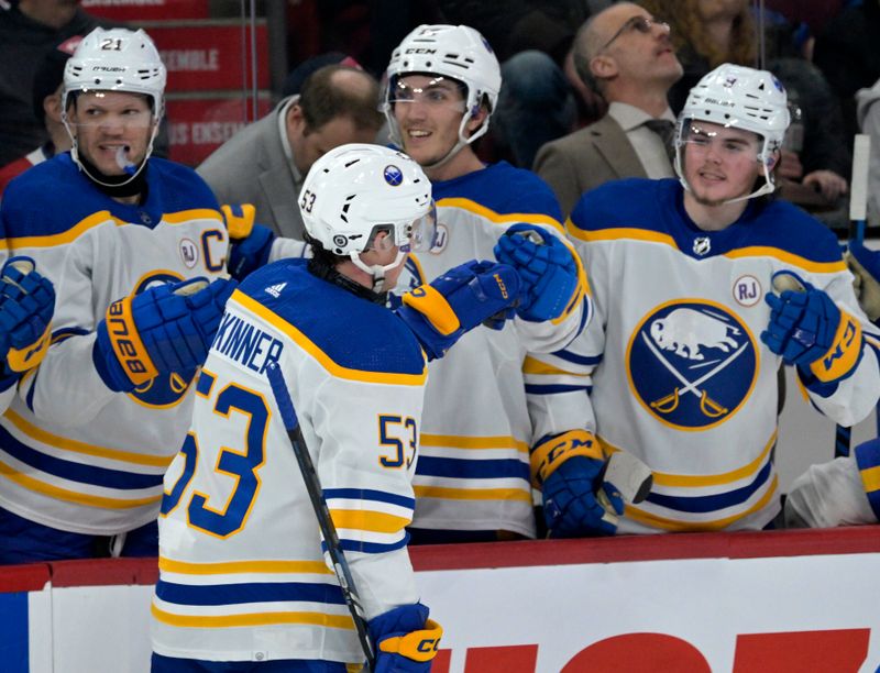 Feb 21, 2024; Montreal, Quebec, CAN; Buffalo Sabres forward Jeff Skinner (53) celebrates with teammates after scoring a goal against the Montreal Canadiens during the second period at the Bell Centre. Mandatory Credit: Eric Bolte-USA TODAY Sports