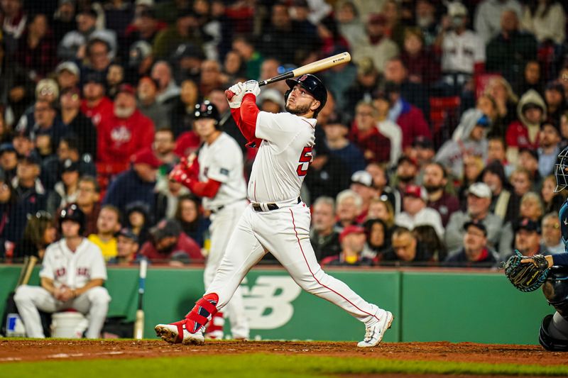 Sep 26, 2023; Boston, Massachusetts, USA; Boston Red Sox right fielder Wilyer Abreu (52) hits a double to drive in two runs against the Tampa Bay Rays in the sixth inning at Fenway Park. Mandatory Credit: David Butler II-USA TODAY Sports