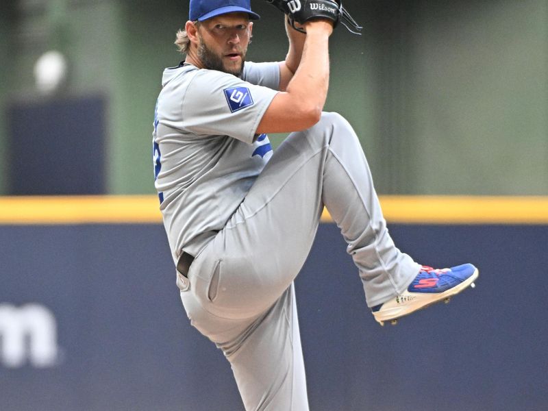 Aug 12, 2024; Milwaukee, Wisconsin, USA; Los Angeles Los Angeles Dodgers pitcher Clayton Kershaw (22) delivers  a pitch against the Milwaukee Brewers in the second inning at American Family Field. Mandatory Credit: Michael McLoone-USA TODAY Sports